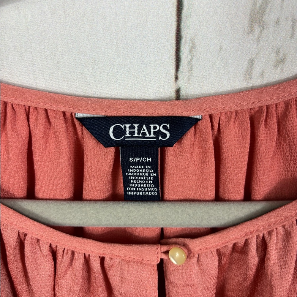‼️5/$25‼️ Chaps Women's Ruffle Hammered Satin Peasant Top Blouse - Picture 2 of 6
